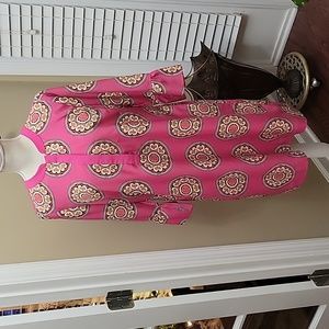Crown & Ivy hot pink circle print top ruffled sleeve fully lined pocket 10 …EUC